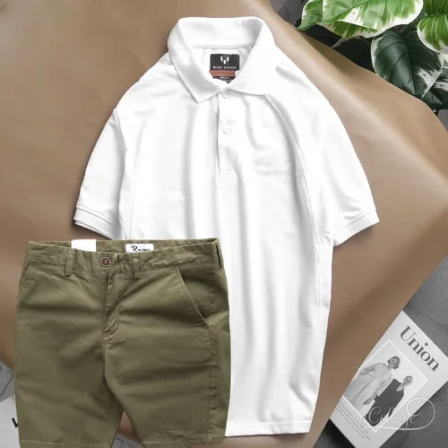 Set Bộ Nam Quần Short Kaki Phối Áo Cổ Bẻ Thêu Chữ Cao Cấp