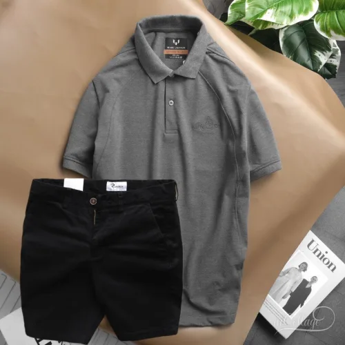 Set Bộ Nam Quần Short Kaki Phối Áo Cổ Bẻ Thêu Chữ Cao Cấp