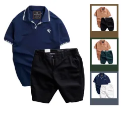 Set Bộ Nam Quần Short Kaki Phối Áo Thun Cá Sấu Cổ Bẻ Viền Bo Ngực Thêu Logo Chữ R