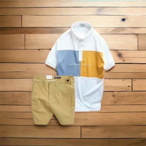 Set Bộ Nam Quần Short Kaki Phối Cúc Áo Thun Cổ Bẻ Thêu Chữ Phối Màu