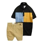 Set Bộ Nam Quần Short Kaki Phối Cúc Áo Thun Cổ Bẻ Thêu Chữ Phối Màu