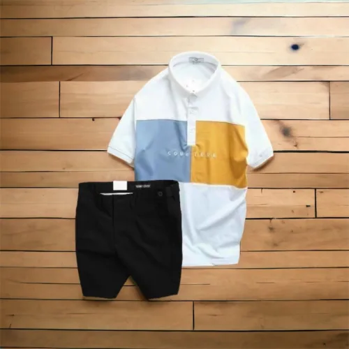 Set Bộ Nam Quần Short Kaki Phối Cúc Áo Thun Cổ Bẻ Thêu Chữ Phối Màu