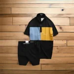 Set Bộ Nam Quần Short Kaki Phối Cúc Áo Thun Cổ Bẻ Thêu Chữ Phối Màu