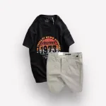 Set Bộ Nam Quần Short Kaki Phối Cúc Áo Thun Cổ Tròn In 1973