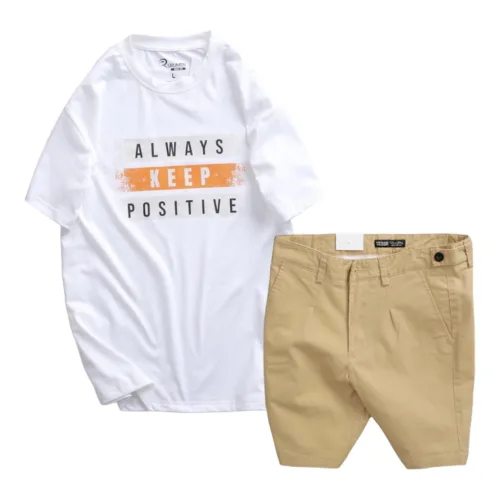 Set Bộ Nam Quần Short Kaki Phối Nút và Áo Thun Cổ Tròn In Chữ Big Size