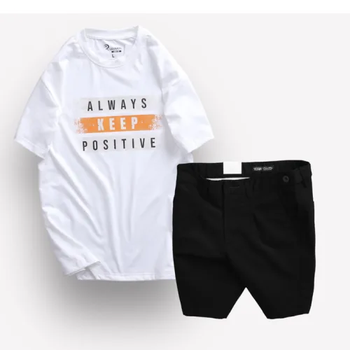 Set Bộ Nam Quần Short Kaki Phối Nút và Áo Thun Cổ Tròn In Chữ Big Size