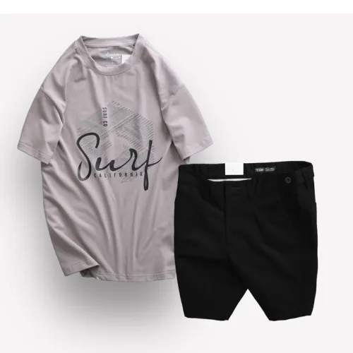Set Bộ Nam Quần Short Kaki Phối Nút và Áo Thun Cổ Tròn In Chữ Big Size