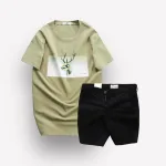 Set Bộ Nam Quần Short Kaki Rurumen Phối Áo Thun Cổ Tròn In Hình Tuần Lộc