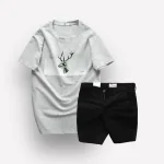Set Bộ Nam Quần Short Kaki Rurumen Phối Áo Thun Cổ Tròn In Hình Tuần Lộc