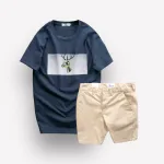 Set Bộ Nam Quần Short Kaki Rurumen Phối Áo Thun Cổ Tròn In Hình Tuần Lộc