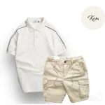 Set Bộ Nam Quần Short Kaki Túi Hộp Phối Áo Thun Cá Sấu Cổ Bẻ Viền Tay