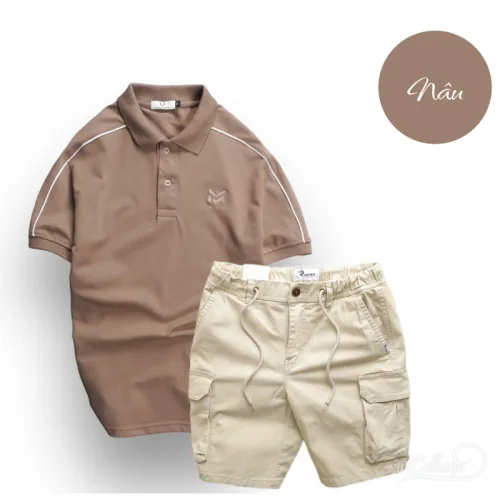 Set Bộ Nam Quần Short Kaki Túi Hộp Phối Áo Thun Cá Sấu Cổ Bẻ Viền Tay