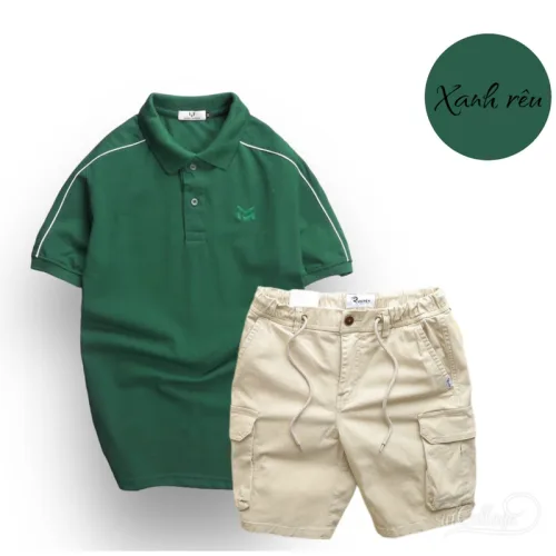 Set Bộ Nam Quần Short Kaki Túi Hộp Phối Áo Thun Cá Sấu Cổ Bẻ Viền Tay