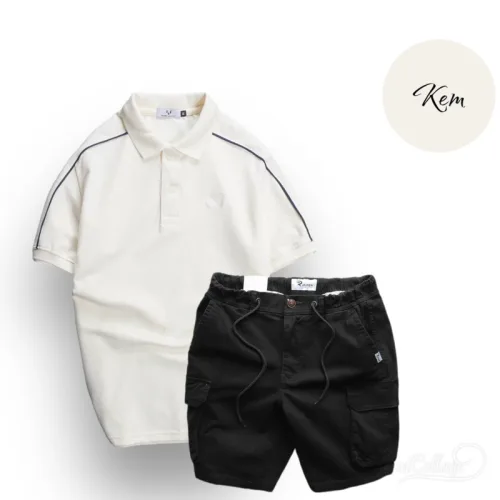 Set Bộ Nam Quần Short Kaki Túi Hộp Phối Áo Thun Cá Sấu Cổ Bẻ Viền Tay