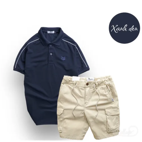 Set Bộ Nam Quần Short Kaki Túi Hộp Phối Áo Thun Cá Sấu Cổ Bẻ Viền Tay