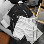 Set Bộ Nam Quần Short Phối Áo Thun Cổ Tròn Pack Hourse In Chữ Think Viền Sọc