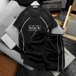 Set Bộ Nam Quần Short Phối Áo Thun Cổ Tròn Pack Hourse In Chữ Think Viền Sọc