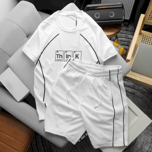 Set Bộ Nam Quần Short Phối Áo Thun Cổ Tròn Pack Hourse In Chữ Think Viền Sọc