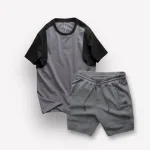 Set Bộ Nam Quần Short Thun Sọc Ngang Chữ Phối Áo Cổ Tròn Tay Màu