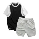 Set Bộ Nam Quần Short Thun Sọc Ngang Chữ Phối Áo Cổ Tròn Tay Màu