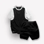 Set Bộ Nam Quần Short Thun Sọc Ngang Chữ Phối Áo Cổ Tròn Tay Màu