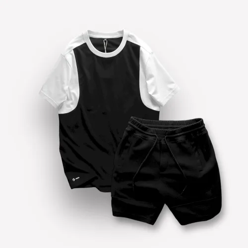 Set Bộ Nam Quần Short Thun Sọc Ngang Chữ Phối Áo Cổ Tròn Tay Màu