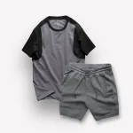 Set Bộ Nam Quần Short Thun Sọc Ngang Chữ Phối Áo Cổ Tròn Tay Màu