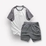 Set Bộ Nam Quần Short Thun Sọc Ngang Chữ Phối Áo Cổ Tròn Tay Màu