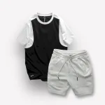 Set Bộ Nam Quần Short Thun Sọc Ngang Chữ Phối Áo Cổ Tròn Tay Màu