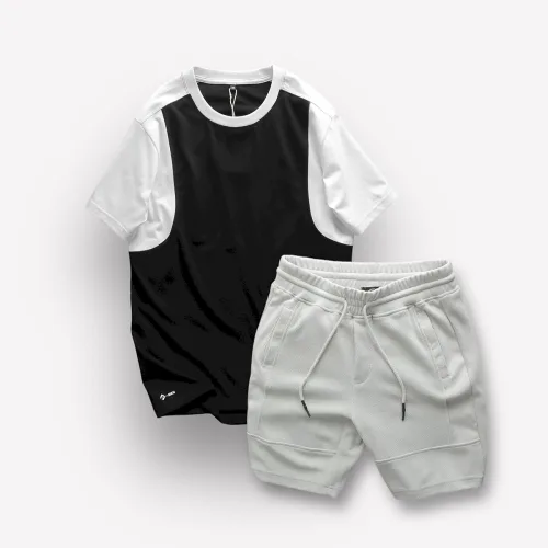 Set Bộ Nam Quần Short Thun Sọc Ngang Chữ Phối Áo Cổ Tròn Tay Màu