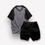 Set Bộ Nam Quần Short Thun Sọc Ngang Chữ Phối Áo Cổ Tròn Tay Màu
