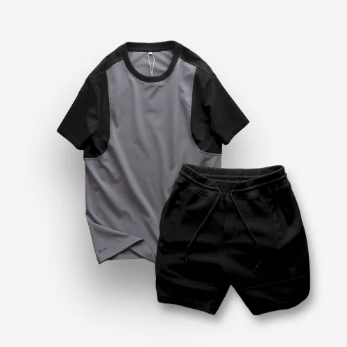Set Bộ Nam Quần Short Thun Sọc Ngang Chữ Phối Áo Cổ Tròn Tay Màu