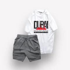 Set Bộ Nam Quần Short Thun Viên Sọc Ngang Phối Áo Cổ Tròn Rurumen Màu Trắng In Hình
