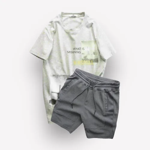 Set Bộ Nam Quần Short Thun Viền Sọc Phối Áo Cổ Tròn In Hình