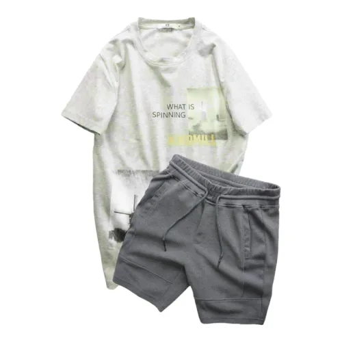 Set Bộ Nam Quần Short Thun Viền Sọc Phối Áo Cổ Tròn In Hình