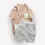 Set Bộ Nam Quần Short Thun Viền Sọc Phối Áo Cổ Tròn In Hình