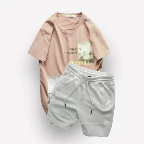 Set Bộ Nam Quần Short Thun Viền Sọc Phối Áo Cổ Tròn In Hình