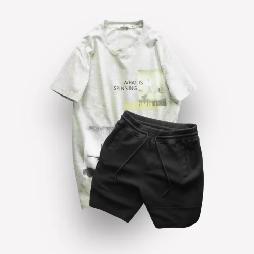 Set Bộ Nam Quần Short Thun Viền Sọc Phối Áo Cổ Tròn In Hình