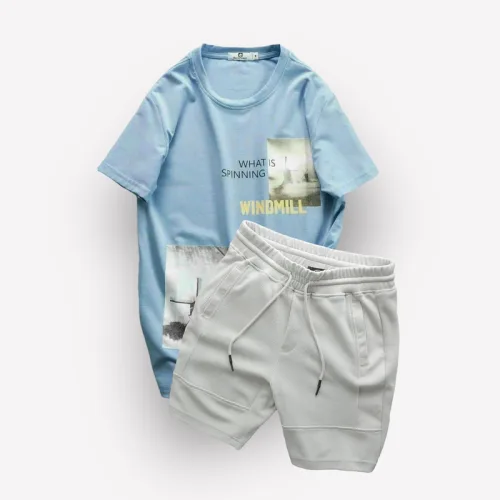 Set Bộ Nam Quần Short Thun Viền Sọc Phối Áo Cổ Tròn In Hình