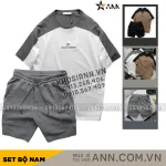 Set Bộ Nam Quần Short Thun Viền Sọc Phối Áo Thun Cổ Tròn Ovesize Thêu Chữ Pack Horse