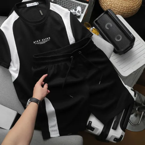 Set Bộ Nam - Set Bộ Áo Thun Nam Cổ Tròn In Chữ Trước Ngực & Quần Short Phối Sọc Màu Cao Cấp Bigsize