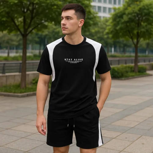 Set Bộ Nam - Set Bộ Áo Thun Nam Cổ Tròn In Chữ Trước Ngực & Quần Short Phối Sọc Màu Cao Cấp Bigsize