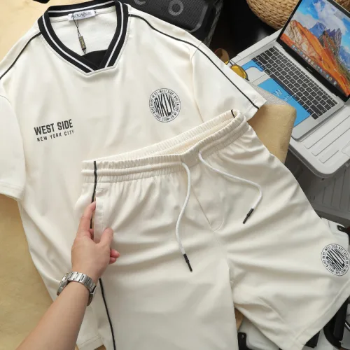 Set Bộ Nam - Set Bộ Áo Thun Nam Cổ Tròn In Logo Trước Ngực & Quần Short Phối Sọc Đen Trẻ Trung Bigsize