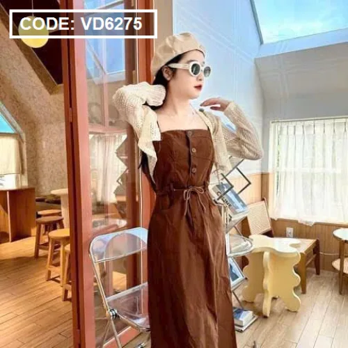 Sét đầm midi kaki nâu 2 dây rút dây eo kèm khoác crop trắng lưới
