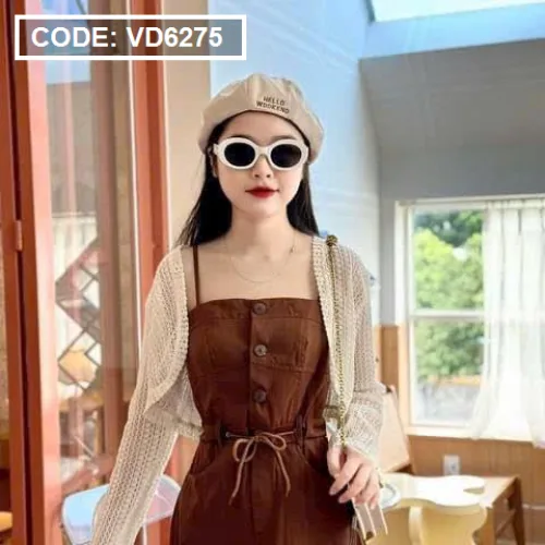 Sét đầm midi kaki nâu 2 dây rút dây eo kèm khoác crop trắng lưới