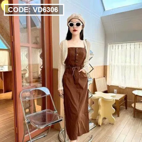Sét đầm midi kaki nâu rút dây eo kèm khoác crop trắng lưới