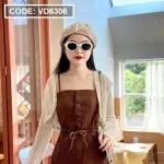 Sét đầm midi kaki nâu rút dây eo kèm khoác crop trắng lưới