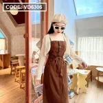 Sét đầm midi kaki nâu rút dây eo kèm khoác crop trắng lưới