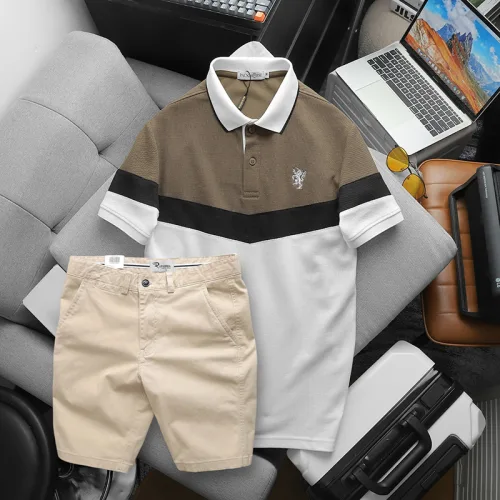 Set Đồ Nam Áo Polo Phối Ba Màu Thêu Logo Trước Ngực + Quần Short Kaki Nam Cao Cấp (Có Size 3x)