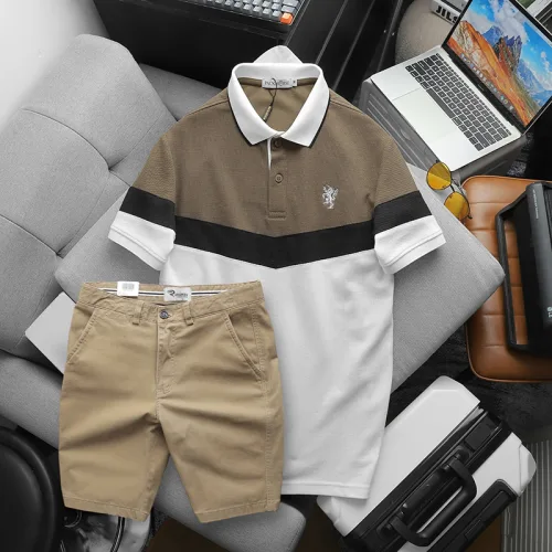 Set Đồ Nam Áo Polo Phối Ba Màu Thêu Logo Trước Ngực + Quần Short Kaki Nam Cao Cấp (Có Size 3x)